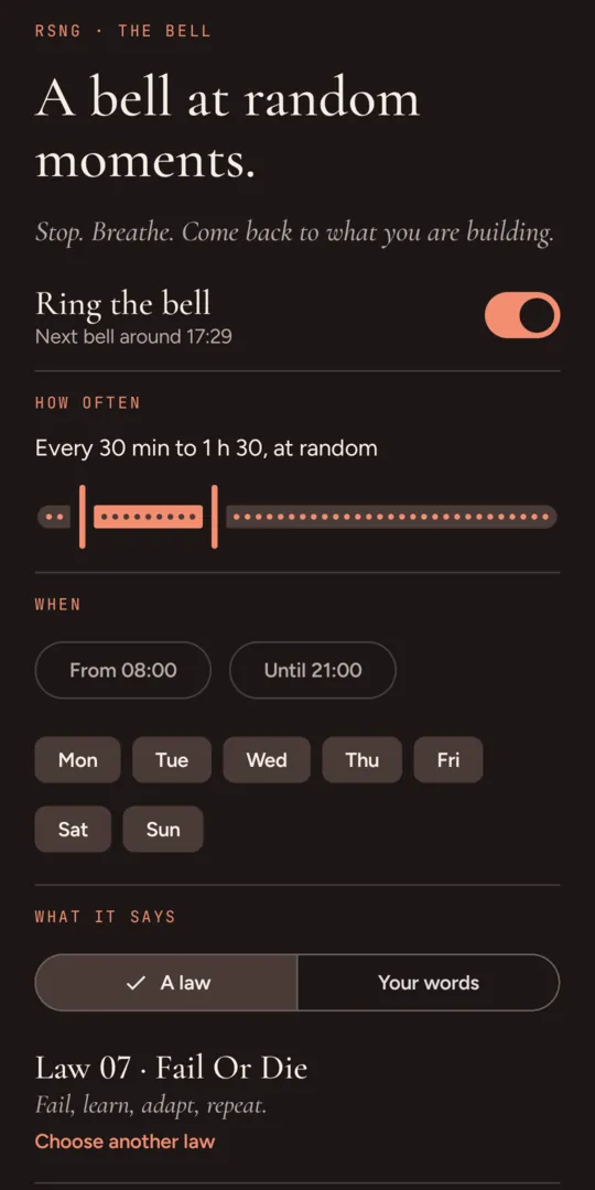 The Bell's settings in the RSNG app: how often, when, and what it says.