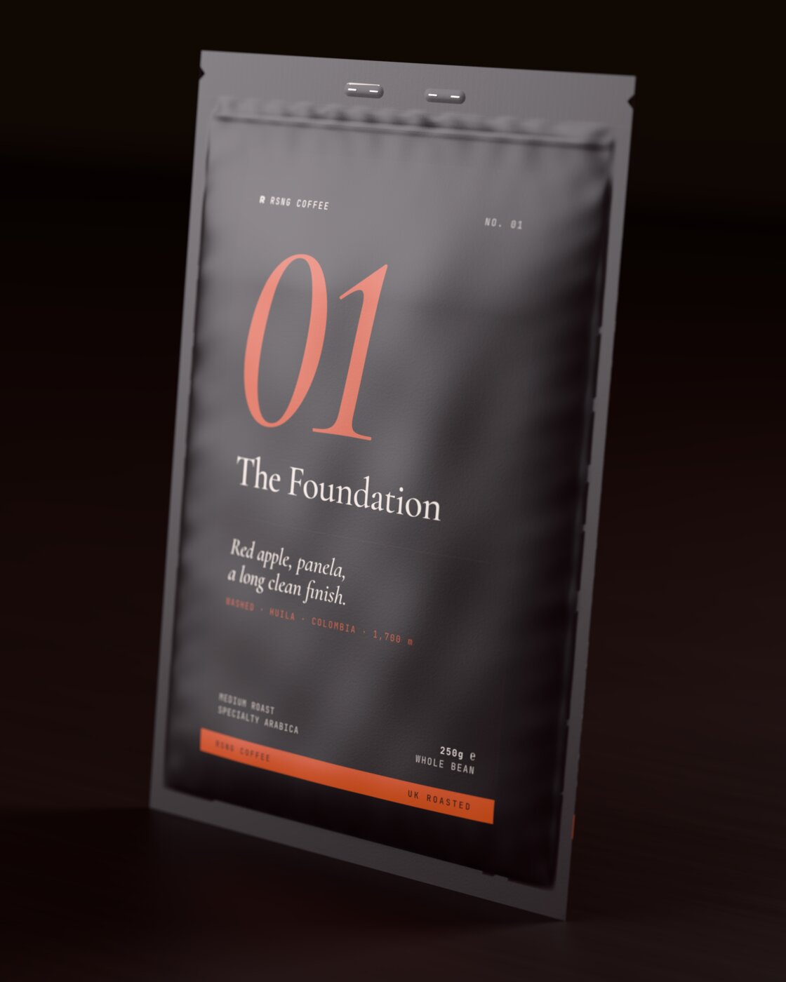 RSNG Coffee No. 01, The Foundation: a dark matt pouch with an ember number and a tasting line.