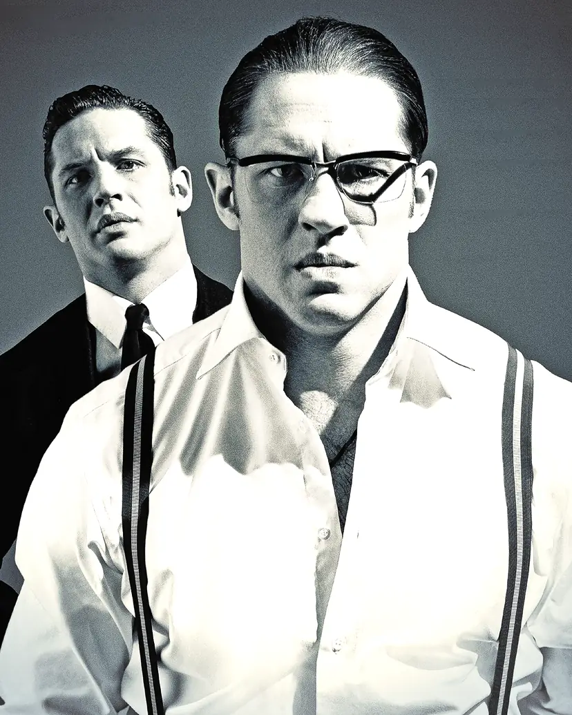 Tom Hardy as both Kray twins, in a white shirt and braces, black and white